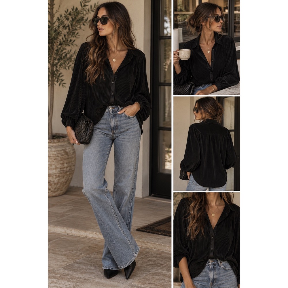RO & DE Womens Black Pleated Long Sleeve Button Down Blouse XL AGU512677